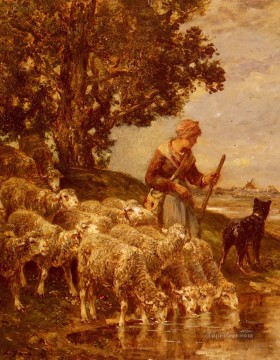 羊の群れに水をやる羊飼いの動物家 シャルル・エミール・ジャック Oil Paintings